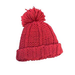 Old Navy Knit Pom Pom Beanie Hat Red Fleece Lined 100% Acrylic OSFM